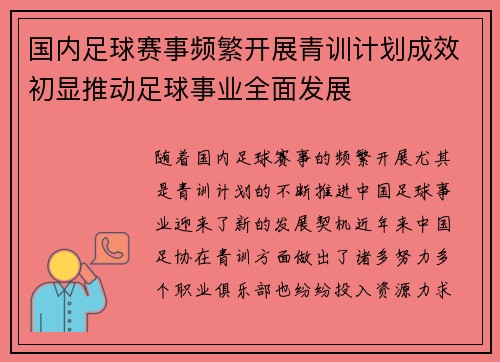 国内足球赛事频繁开展青训计划成效初显推动足球事业全面发展