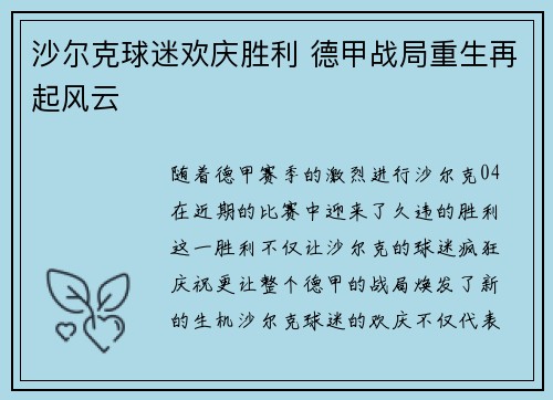 沙尔克球迷欢庆胜利 德甲战局重生再起风云
