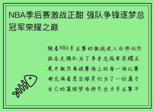 NBA季后赛激战正酣 强队争锋逐梦总冠军荣耀之巅