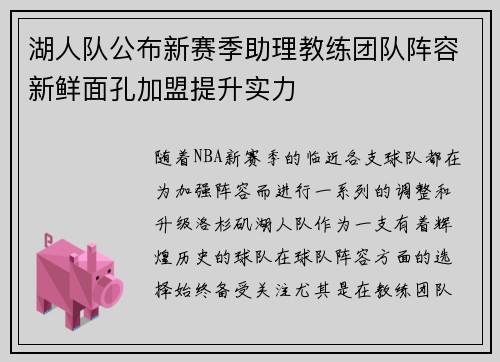 湖人队公布新赛季助理教练团队阵容新鲜面孔加盟提升实力