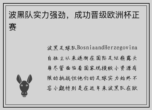波黑队实力强劲，成功晋级欧洲杯正赛