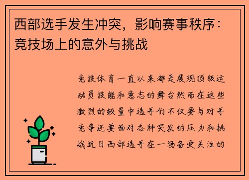 西部选手发生冲突，影响赛事秩序：竞技场上的意外与挑战
