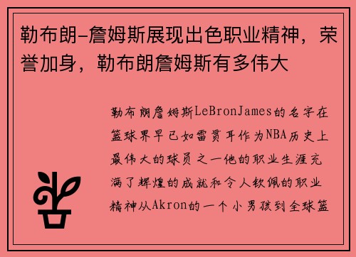 勒布朗-詹姆斯展现出色职业精神，荣誉加身，勒布朗詹姆斯有多伟大