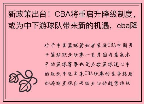 新政策出台！CBA将重启升降级制度，或为中下游球队带来新的机遇，cba降级几只球队_