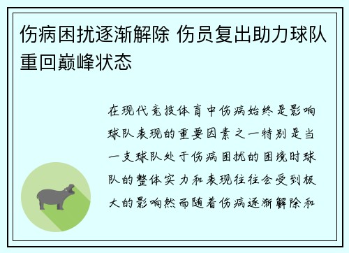 伤病困扰逐渐解除 伤员复出助力球队重回巅峰状态
